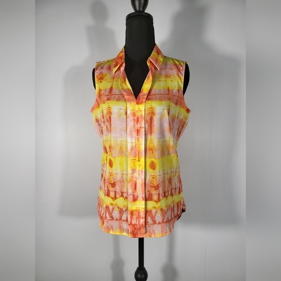 Calvin Klein Women's Orange and Yellow Sleeveless Button-Down Top Size S - Picture 7 of 8